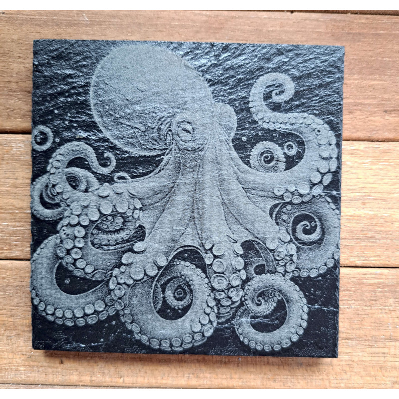 Natural Slate Coaster - Laser Engraved Octopus Design (10x10 cm)
